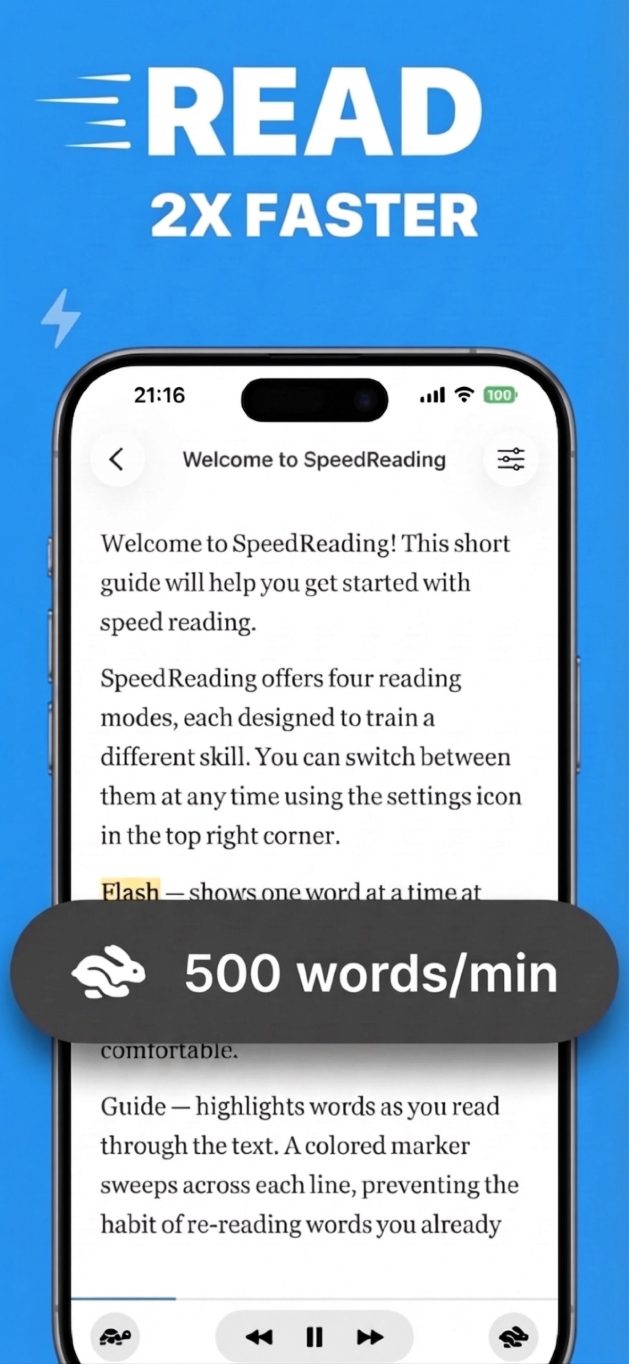 Speed Reading app main screen